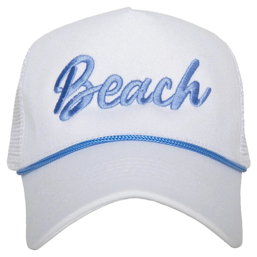 Beach Cursive Trucker Cap with Rope - White and Light Blue - Hats