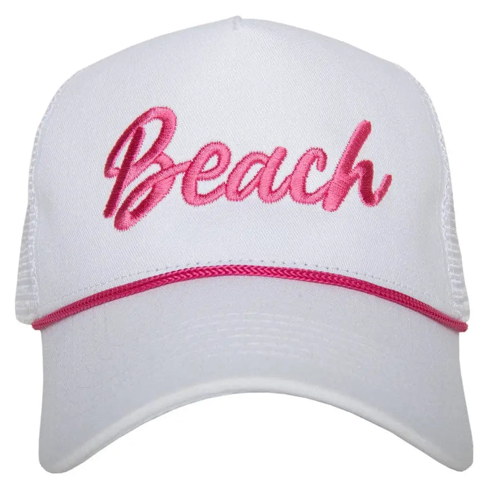 Beach Cursive Trucker Cap with Rope - White and Pink - Hats
