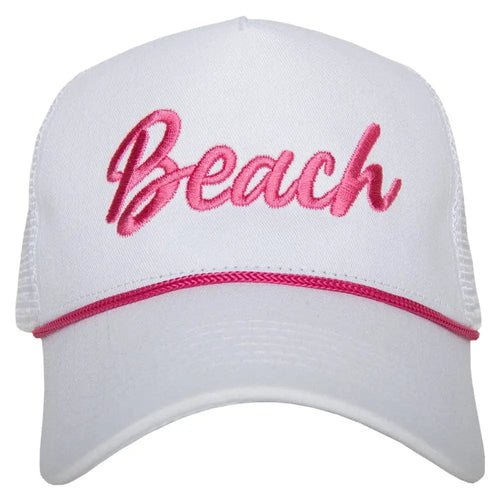 Beach Cursive Trucker Cap with Rope - White and Pink - Hats