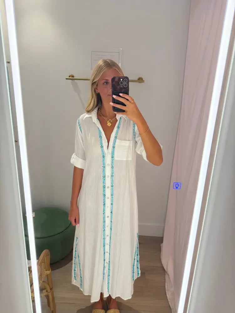 Boyfriend Maxi Dress - White / Green & Blue / XS/S - Swimwear