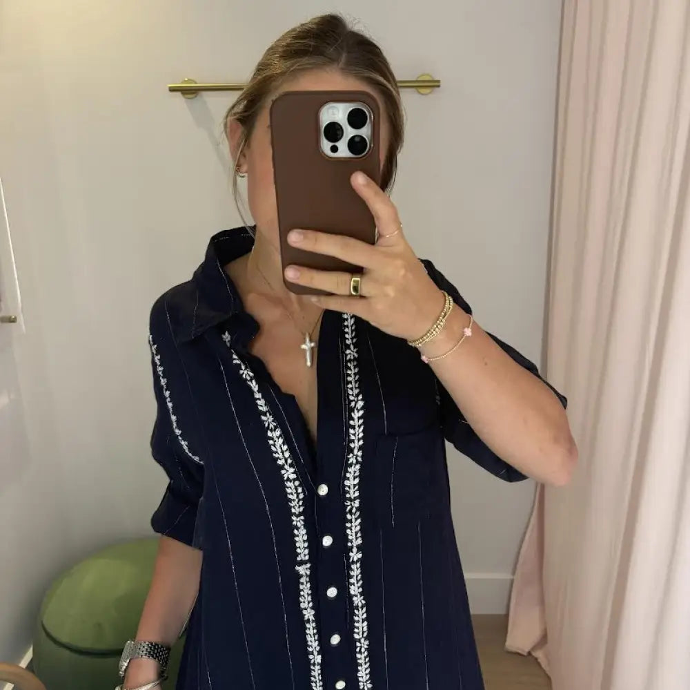 Embroidered Boyfriend Shirt - Navy / Silver / XS/S - Swimwear