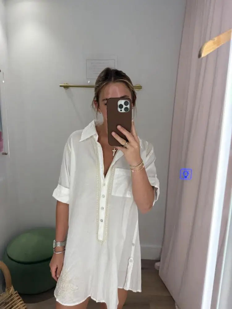Embroidered Boyfriend Shirt - White / Dune / XS/S - Swimwear