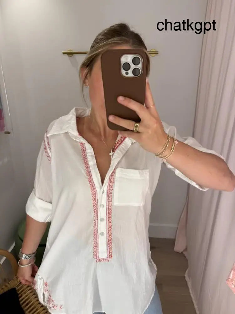 Embroidered Boyfriend Shirt - White / Pink / Coral / XS/S - Swimwear