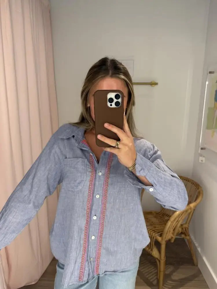 Novelty Fabric Boyfriend Shirt - Denim / Pink / Coral / XS/S - Swimwear