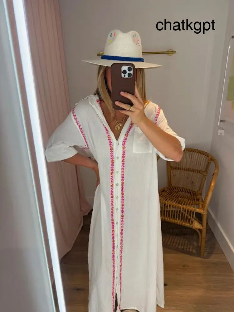 White with Pink Coral Maxi Dress - Swimwear